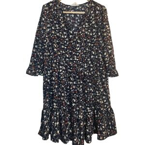 Just Found Ditsy Floral Navy Blue Long Sleeve Plus Dress 1X Flower Boho Bohemian